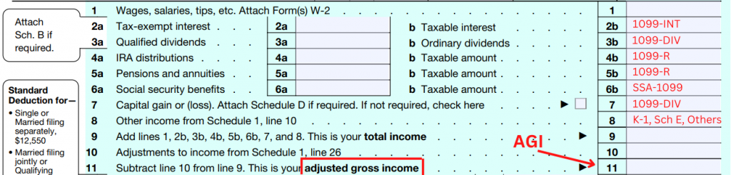 2022 snapshot of Form 1040 showing calculation to AGI
