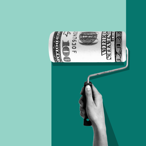 Paint Roller with Dollar Bills and Green Background