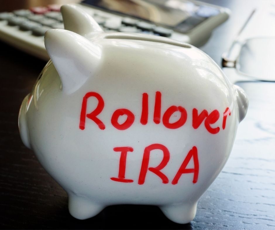 Piggy bank with the words 'rollover IRA' written on it