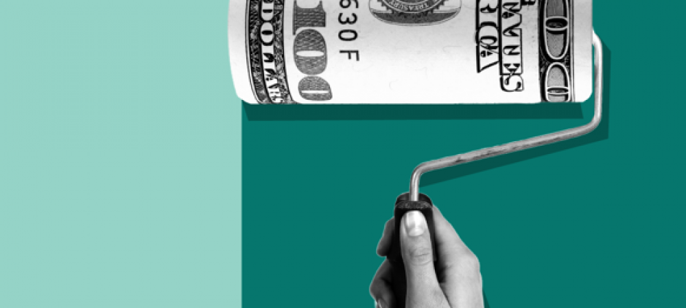 Paint Roller with Dollar Bills and Green Background